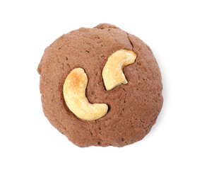One tasty chocolate cookie with cashew isolated on white, top view