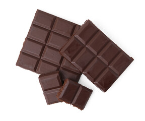 Pieces of delicious dark chocolate bar isolated on white, top view