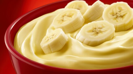 A Delectable Banana Pudding Display: Creamy Dessert with Slices of Bananas in a Red Bowl