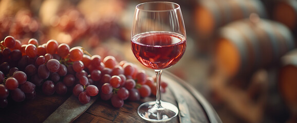 A red wine glass and grapes on an old wooden barrel background with copy space for your text or design. Wine production concept. Vintage-style winery. 
