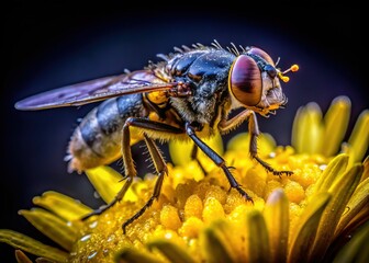 Naklejka premium Tiny Fly Gathering Pollen on Vibrant Yellow Flower at Night - Macro Photography