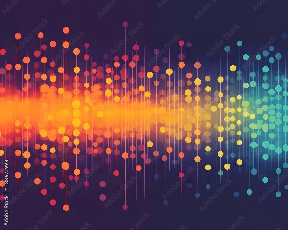 Poster a vibrant abstract digital design featuring colorful dots and lines, representing sound waves or dat