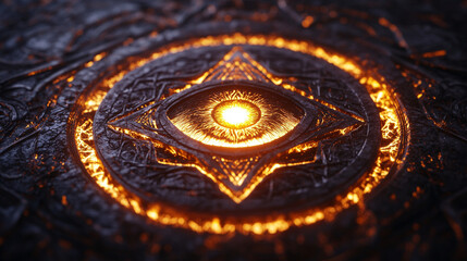 A close-up 3D depiction of a mystical eye symbol, glowing faintly and surrounded by intricate, sacred patterns.
