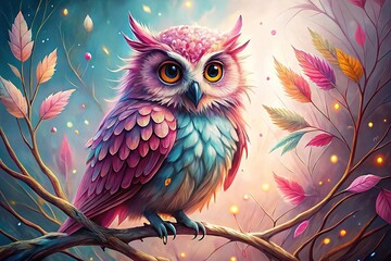 Obraz premium Watercolor Pink Owl on Branch - Whimsical Bird Illustration Stock Photo