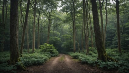 Obraz premium Lush green canopy in serene forest environment