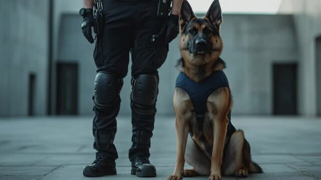 German shepherd police dog with armed police on duty carries out law enforcement, search for weapons, drugs and explosives. k9 unit waiting for instructions