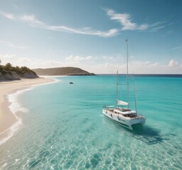 Obraz premium A small yacht moored in calm turquoise waters with a sandy shore in the background, tranquil landscape , sailboat