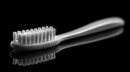 A white toothbrush with soft bristles on a black background. Close-up, high detail, ultra-realistic photo