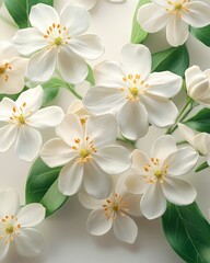 Photorealistic close-up of jasmine flowers on white background, sharp focus with no shadows, high-resolution details.