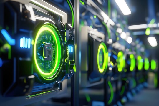 Futuristic Server Racks Glow Brightly in a Data Center, Processing Information Rapidly and Efficiently at Night