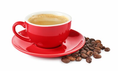 Red cup of aromatic coffee, saucer and beans isolated on white