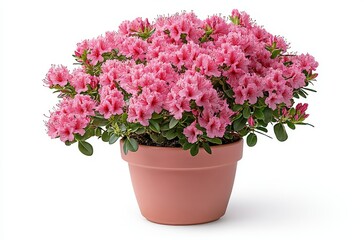 Fototapeta premium Potted azalea with pink flowers and vibrant green leaves, isolated on white background with gentle breeze effect.