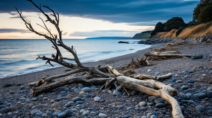 Obraz premium Driftwood on a rocky shore against a dramatic sky during sunset near a tranquil coastal landscape