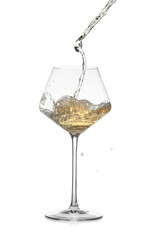 Tasty wine splashing in glass on white background