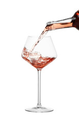 Pouring wine into glass on white background