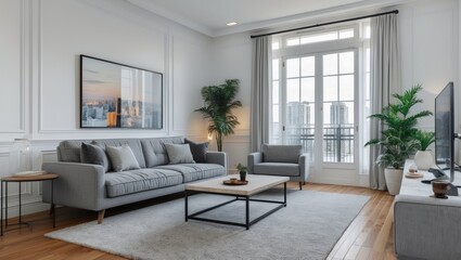 Modern living room with gray sofa and white walls