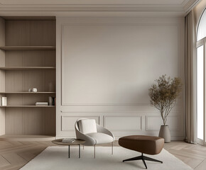 Aesthetic elegant minimalist modern interior design. Clear mock up empty wall for decoration in the apartment. Copy space in the room. Neutral palette of natural colors.