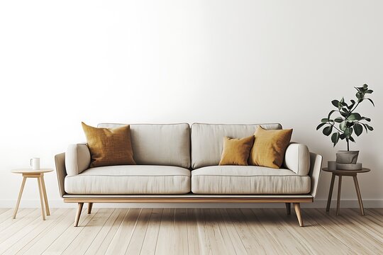Sleek and modern Scandinavian interior design showcasing a cozy sofa, wooden flooring, mid-century style furniture, and white walls.