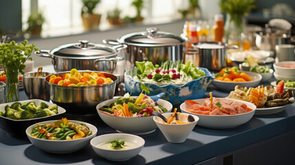 Fototapeta premium Colorful display of fresh ingredients and dishes prepared in a bright kitchen during a lively cooking session