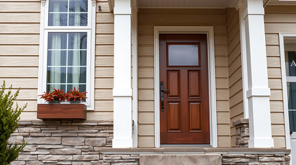 Obraz premium Stunning Home Exterior: Modern Design with Brick, Stone, and Wood Accents