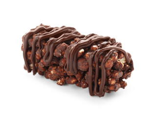 Delicious chocolate puffed rice bar isolated on white