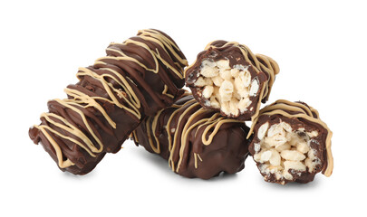 Delicious chocolate puffed rice bars isolated on white