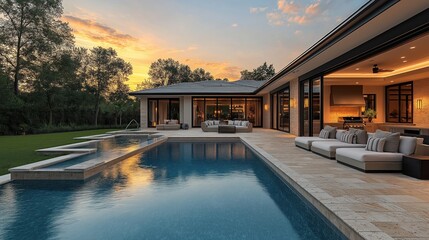 Tranquil luxury resort at sunset. Modern outdoor kitchen with stone grill near sparkling pool. Plush poolside cabanas with comfortable seating. Travertine pavers surround area. Relaxing, inviting