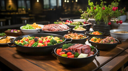 Fototapeta premium Diverse selection of fresh and colorful dishes arranged on a wooden table in a cozy restaurant setting during dinner service