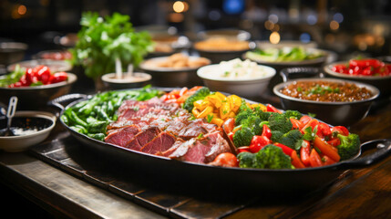Colorful platter of delicious food with a variety of vegetables arranged for a festive gathering at a dining table