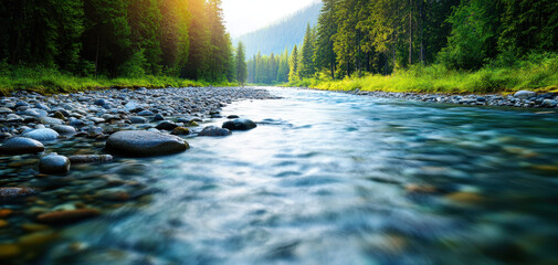 serene river flowing through dense forest, surrounded by lush greenery and smooth stones, creates peaceful atmosphere