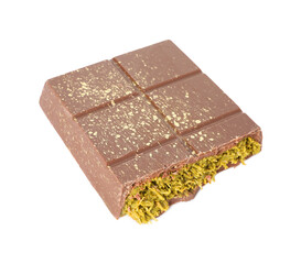 Piece of tasty Dubai chocolate with pistachios and knafeh isolated on white