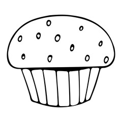 Cute one cupcake in doodle style without filling and decorative cream and sprinkles. Hand draw vector food illustration for posters, card design. Isolated on white background. Candy clip art.
