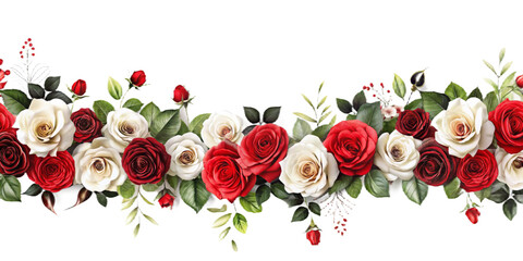 Garland of red, white and pink roses with green leaves without background. It is beautiful and can be used for decorations or designs.