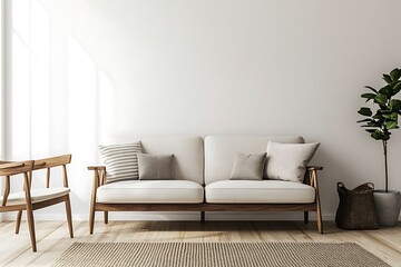 Sophisticated Scandinavian living room with minimalist furniture, wooden floor, mid-century sofa, and light white walls.