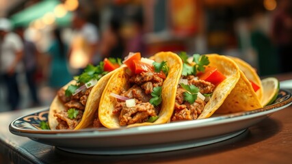 Delicious savory tacos with seasoned meat, fresh tomatoes, onions, and cilantro, served on a plate