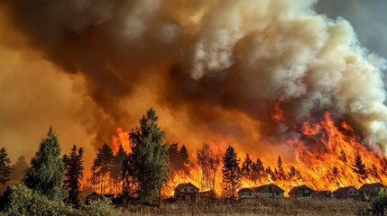 massive wildfire engulfs forest near residential homes, creating dramatic scene