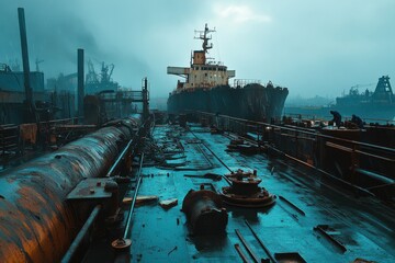 Industrial Maintenance Scene with Workers Using Tools on a Deck with Overcast Lighting and a Tank in an Urban Environment