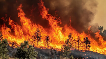 fierce wildfire engulfs forest, with intense flames and thick smoke rising