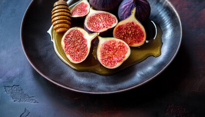 Sweet HoneyGlazed Figs Dark Plate, Ripe Fruit, Autumnal Still Life, Generated image