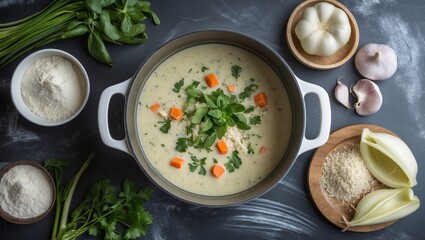 Organic vegan ingredients for creamy soup preparation