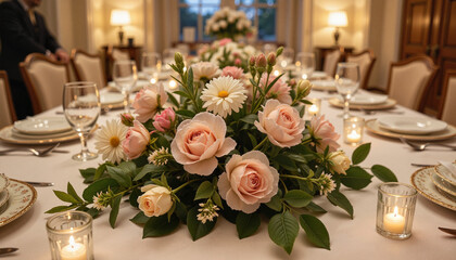Obraz premium Elegant Rococo floral centerpiece gracing banquet table, sophisticated decor