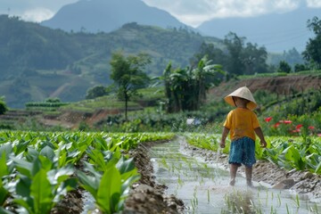 Young farmer walking through irrigated rice paddies in vietnam