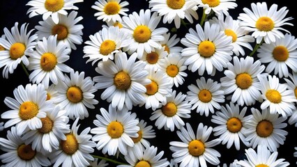 Overhead Close-Up of Daisies on Black Background, Floral Composition, Nature Photography, White Petals, Yellow Center Daisies, Flower Photography