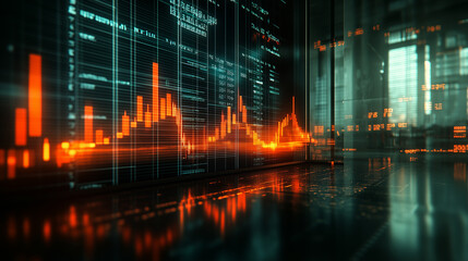 Close-up of a financial stock market chart and candlestick graph background, representing the business concept of online trading, displayed on a screen monitor in an office.