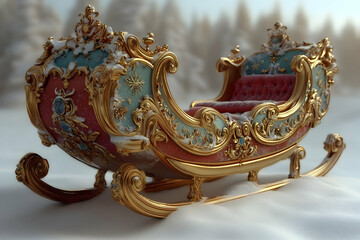 Ornate Golden Sleigh in Snowy Landscape, Christmas Holiday Decor, Luxury Winter Scene