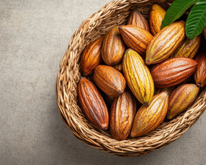 Fototapeta premium Cocoa pods in woven basket, showcasing vibrant colors and natural textures