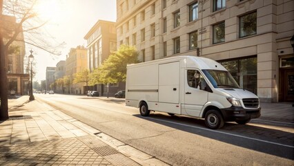 Fototapeta premium White Delivery Van on City Street Sunrise Composition, Urban Landscape Photography, Logistics Concept Delivery truck, urban logistics