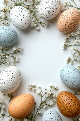 Obraz premium Minimalist Easter Design Featuring Colorful Speckled Eggs Framed by Delicate White Flowers for Chinese New Year Celebration