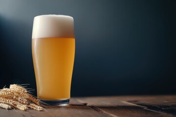 A glass of beer on a wooden table, accompanied by wheat. 