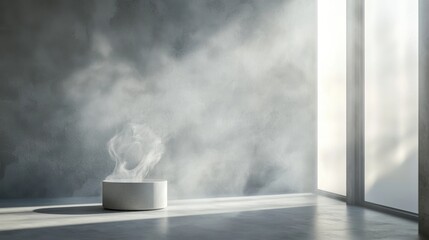 Serene Minimalist Interior: Steam Rising from a Cylinder in a Sunlit Room